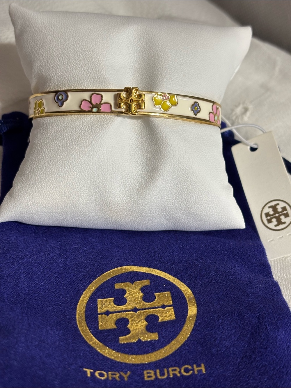 Tory Burch Cream Enamel Floral Logo Hinge Bangle Bracelet